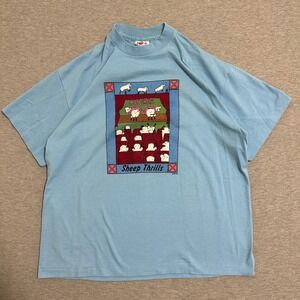 Vintage 1988 Tee Jays Hef-T Sheep Thrills Graphic T-Shirt Blue Size XL